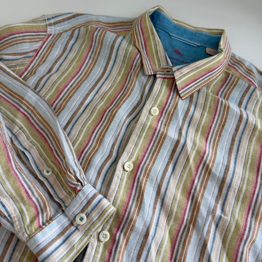 Tommy Bahama Relax Mens XL Linen Striped Long Sleeve Button Down Shirt Multi